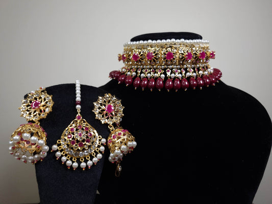 Shahi Aura Ruby Choker Set with Tikka
