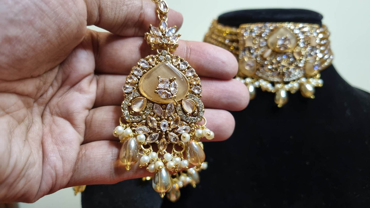 Golden Pearl Blossom Choker Set with Tikka