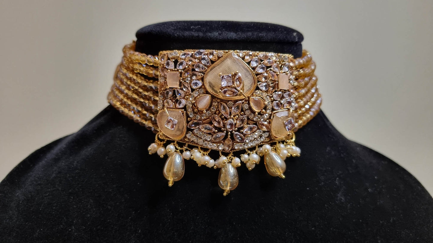Golden Pearl Blossom Choker Set with Tikka