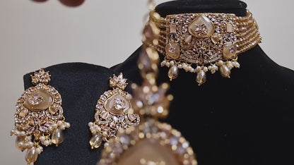 Golden Pearl Blossom Choker Set with Tikka